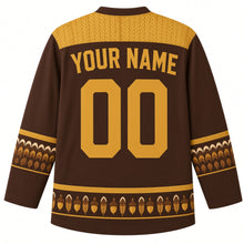 Load image into Gallery viewer, Ugly Thanksgiving Turkey Feather Fan Hockey Jersey in Chestnut Brown, back view with a feather-chevron yoke, striped-feather sleeve bands, mini feather-fan and acorn hem band, arched YOUR NAME lettering and 00 – custom name and number