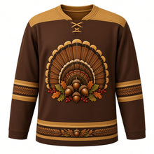 Load image into Gallery viewer, Ugly Thanksgiving Turkey Feather Fan Hockey Jersey in Chestnut Brown, front view – chestnut brown body with wheat gold yoke with a round crest of a giant half-circle sunburst fan of barred bronze, copper, chestnut and cream turkey tail feathers with gold tips around a center cluster of acorns, oak leaves and red berries, feather-chevron yoke, striped-feather sleeve bands and a mini feather-fan and acorn hem band – custom name and number