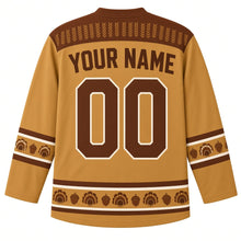 Load image into Gallery viewer, Ugly Thanksgiving Turkey Feather Fan Hockey Jersey in Wheat Gold, back view with a wheat-sprig chevron yoke, mini feather-fan and acorn sleeve bands, mini feather-fan and acorn hem band, arched YOUR NAME lettering and 00 – custom name and number