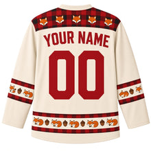 Load image into Gallery viewer, Ugly Thanksgiving Cozy Flannel Fox Hockey Jersey in Oatmeal Cream, back view with a buffalo plaid and fox-face yoke, plaid and acorn sleeve bands, sleeping-fox hem band, arched YOUR NAME lettering and 00 – custom name and number