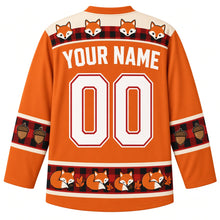 Load image into Gallery viewer, Ugly Thanksgiving Cozy Flannel Fox Hockey Jersey in Fox Orange, back view with a buffalo plaid and fox-face yoke, plaid and acorn sleeve bands, sleeping-fox hem band, arched YOUR NAME lettering and 00 – custom name and number