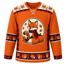 Load image into Gallery viewer, Ugly Thanksgiving Cozy Flannel Fox Hockey Jersey in Fox Orange, front view – fox orange body with cream yoke with a round crest of a smiling cartoon red fox in a buffalo plaid flannel scarf holding a steaming cider mug beside a pumpkin and autumn leaves, plaid-and-fox yoke, plaid and acorn sleeve bands and a sleeping-fox hem band – custom name and number