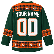 Load image into Gallery viewer, Ugly Thanksgiving Cozy Flannel Fox Hockey Jersey in Pine Green, back view with a buffalo plaid and fox-face yoke, plaid and acorn sleeve bands, sleeping-fox hem band, arched YOUR NAME lettering and 00 – custom name and number