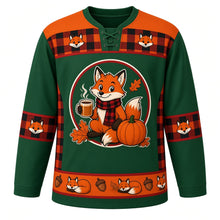 Load image into Gallery viewer, Ugly Thanksgiving Cozy Flannel Fox Hockey Jersey in Pine Green, front view – pine green body with fox orange yoke with a round crest of a smiling cartoon red fox in a buffalo plaid flannel scarf holding a steaming cider mug beside a pumpkin and autumn leaves, plaid-and-fox yoke, plaid and acorn sleeve bands and a sleeping-fox hem band – custom name and number