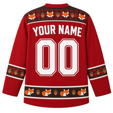 Load image into Gallery viewer, Ugly Thanksgiving Cozy Flannel Fox Hockey Jersey in Flannel Red, back view with a buffalo plaid and fox-face yoke, plaid and acorn sleeve bands, sleeping-fox hem band, arched YOUR NAME lettering and 00 – custom name and number