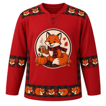 Load image into Gallery viewer, Ugly Thanksgiving Cozy Flannel Fox Hockey Jersey in Flannel Red, front view – flannel red body with charcoal brown yoke with a round crest of a smiling cartoon red fox in a buffalo plaid flannel scarf holding a steaming cider mug beside a pumpkin and autumn leaves, plaid-and-fox yoke, plaid and acorn sleeve bands and a sleeping-fox hem band – custom name and number