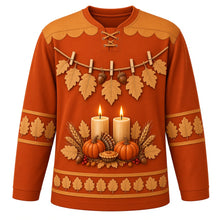 Load image into Gallery viewer, Ugly Thanksgiving Gratitude Leaf Garland Hockey Jersey in Rust Orange, front view – rust orange body with amber-gold scalloped yoke with orange and tan lobed oak leaves and acorns on rustic twine with wooden clothespins, two glowing pillar candles over pumpkins with a mini pie, wheat and red berries, and oak-leaf sleeve and hem bands – custom name and number