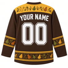 Load image into Gallery viewer, Ugly Thanksgiving Gourd Patch Medley Hockey Jersey in Bark Brown, back view with a vine-and-gourd yoke, mini-gourd sleeve bands, mixed-gourd hem band, arched YOUR NAME lettering and 00 – custom name and number