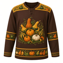 Load image into Gallery viewer, Ugly Thanksgiving Gourd Patch Medley Hockey Jersey in Bark Brown, front view – bark brown body with mustard gold yoke with a crest of piled gourds, squash and a white pumpkin tangled in curly vines, vine-and-gourd yoke, mini-gourd sleeve bands and a mixed-gourd hem band – custom name and number