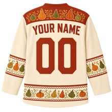 Load image into Gallery viewer, Ugly Thanksgiving Gourd Patch Medley Hockey Jersey in Harvest Cream, back view with a vine-and-gourd yoke, mini-gourd sleeve bands, mixed-gourd hem band, arched YOUR NAME lettering and 00 – custom name and number
