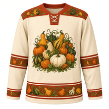Load image into Gallery viewer, Ugly Thanksgiving Gourd Patch Medley Hockey Jersey in Harvest Cream, front view – harvest cream body with deep rust yoke with a crest of piled gourds, squash and a white pumpkin tangled in curly vines, vine-and-gourd yoke, mini-gourd sleeve bands and a mixed-gourd hem band – custom name and number