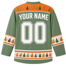 Load image into Gallery viewer, Ugly Thanksgiving Gourd Patch Medley Hockey Jersey in Sage Green, back view with a vine-and-gourd yoke, mini-gourd sleeve bands, mixed-gourd hem band, arched YOUR NAME lettering and 00 – custom name and number