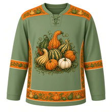 Load image into Gallery viewer, Ugly Thanksgiving Gourd Patch Medley Hockey Jersey in Sage Green, front view – sage green body with squash orange yoke with a crest of piled gourds, squash and a white pumpkin tangled in curly vines, vine-and-gourd yoke, mini-gourd sleeve bands and a mixed-gourd hem band – custom name and number