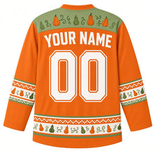 Load image into Gallery viewer, Ugly Thanksgiving Gourd Patch Medley Hockey Jersey in Squash Orange, back view with a vine-and-gourd yoke, mini-gourd sleeve bands, mixed-gourd hem band, arched YOUR NAME lettering and 00 – custom name and number