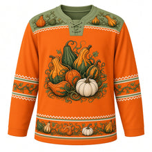 Load image into Gallery viewer, Ugly Thanksgiving Gourd Patch Medley Hockey Jersey in Squash Orange, front view – squash orange body with sage green yoke with a crest of piled gourds, squash and a white pumpkin tangled in curly vines, vine-and-gourd yoke, mini-gourd sleeve bands and a mixed-gourd hem band – custom name and number