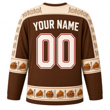 Load image into Gallery viewer, Ugly Thanksgiving Gravy Boat Feast Hockey Jersey in Gravy Brown, back view with a fork, knife and plate yoke, gravy boat and roll sleeve bands, pie and turkey hem band, arched YOUR NAME lettering and 00 – custom name and number