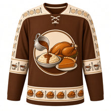 Load image into Gallery viewer, Ugly Thanksgiving Gravy Boat Feast Hockey Jersey in Gravy Brown, front view – gravy brown body with cream yoke with a round gravy boat crest pouring gravy on mashed potatoes beside a roast turkey and pumpkin pie, fork and plate yoke, gravy boat sleeve bands and a pie and turkey hem band – custom name and number