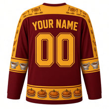 Load image into Gallery viewer, Ugly Thanksgiving Gravy Boat Feast Hockey Jersey in Burgundy, back view with a fork, knife and plate yoke, gravy boat and roll sleeve bands, pie and turkey hem band, arched YOUR NAME lettering and 00 – custom name and number