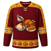 Load image into Gallery viewer, Ugly Thanksgiving Gravy Boat Feast Hockey Jersey in Burgundy, front view – burgundy body with gold yoke with a round gravy boat crest pouring gravy on mashed potatoes beside a roast turkey and pumpkin pie, fork and plate yoke, gravy boat sleeve bands and a pie and turkey hem band – custom name and number
