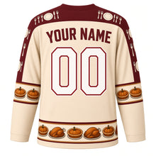 Load image into Gallery viewer, Ugly Thanksgiving Gravy Boat Feast Hockey Jersey in Butter Cream, back view with a fork, knife and plate yoke, gravy boat and roll sleeve bands, pie and turkey hem band, arched YOUR NAME lettering and 00 – custom name and number