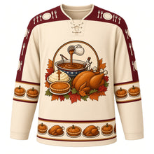 Load image into Gallery viewer, Ugly Thanksgiving Gravy Boat Feast Hockey Jersey in Butter Cream, front view – butter cream body with burgundy yoke with a round gravy boat crest pouring gravy on mashed potatoes beside a roast turkey and pumpkin pie, fork and plate yoke, gravy boat sleeve bands and a pie and turkey hem band – custom name and number