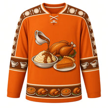 Load image into Gallery viewer, Ugly Thanksgiving Gravy Boat Feast Hockey Jersey in Pumpkin Orange, front view – pumpkin orange body with brown yoke with a round gravy boat crest pouring gravy on mashed potatoes beside a roast turkey and pumpkin pie, fork and plate yoke, gravy boat sleeve bands and a pie and turkey hem band – custom name and number