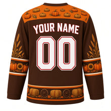 Load image into Gallery viewer, Ugly Thanksgiving Hayride Haystack Hockey Jersey in Chestnut Brown, back view with a hay-bale, corn and wheat yoke, pumpkin and sunflower sleeve bands, hay-bale and wagon-wheel hem band, arched YOUR NAME lettering and 00 – your name and number