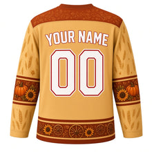 Load image into Gallery viewer, Ugly Thanksgiving Hayride Haystack Hockey Jersey in Straw Gold, back view with a hay-bale, corn and wheat yoke, pumpkin and sunflower sleeve bands, hay-bale and wagon-wheel hem band, arched YOUR NAME lettering and 00 – your name and number