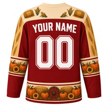 Load image into Gallery viewer, Ugly Thanksgiving Hayride Haystack Hockey Jersey in Barn Red, back view with a hay-bale, corn and wheat yoke, pumpkin and sunflower sleeve bands, hay-bale and wagon-wheel hem band, arched YOUR NAME lettering and 00 – your name and number