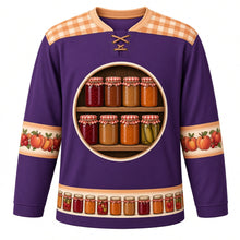 Load image into Gallery viewer, Ugly Thanksgiving Mason Jar Preserves Hockey Jersey in Fig Purple, front view – fig purple body with peach amber gingham yoke with a round crest of a rustic wooden pantry shelf of blank label-free glass canning jars glowing with cranberry jam, apple butter, peach preserves and pickles under red-and-white gingham lids, cream sleeve bands of peaches, apples and cranberries and a mini canning-jar hem band – custom name and number