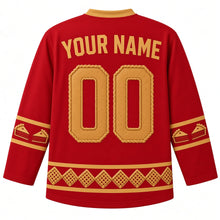 Load image into Gallery viewer, Ugly Thanksgiving Lattice Pie Bakery Hockey Jersey in Cherry Red, back view with a golden crust-textured 00 with crimped edges, pie-slice sleeve bands, a hem band of diamond lattice tiles and arched YOUR NAME lettering – custom name and number