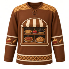 Load image into Gallery viewer, Ugly Thanksgiving Lattice Pie Bakery Hockey Jersey in Cinnamon Brown, front view – cinnamon brown body with pie crust gold yoke with a round crest of a sign-free bakery window with a scalloped striped awning and wooden shelves of golden lattice-top cherry, apple and blackberry pies with a steaming pie on the sill, lattice-crust yoke, pie-slice and rolling-pin sleeve bands and a mini lattice-pie hem band – custom name and number