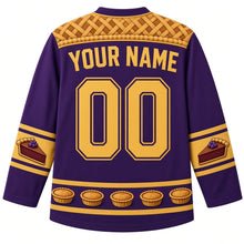 Load image into Gallery viewer, Ugly Thanksgiving Lattice Pie Bakery Hockey Jersey in Plum Purple, back view with a golden lattice pie-crust yoke with crimped edge, berry pie-slice sleeve bands, a hem band of mini golden pies, arched YOUR NAME lettering and 00 – custom name and number