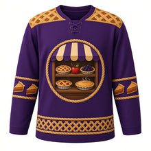 Load image into Gallery viewer, Ugly Thanksgiving Lattice Pie Bakery Hockey Jersey in Plum Purple, front view – plum purple body with pie crust gold yoke with a round crest of a sign-free bakery window with a striped awning and wooden shelves of lattice-top cherry and blackberry pies with an apple and steaming pies, lattice-crust yoke, pie-slice sleeve bands and a lattice-weave hem band – custom name and number