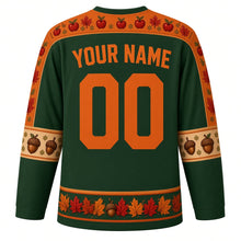 Load image into Gallery viewer, Ugly Thanksgiving Autumn Leaf Pile Hockey Jersey in Forest Green, back view with a swirling-leaf yoke, acorn and pinecone sleeve bands, leaf-pile hem band, arched YOUR NAME lettering and 00 – custom name and number