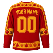 Load image into Gallery viewer, Ugly Thanksgiving Autumn Leaf Pile Hockey Jersey in Maple Red, back view with a swirling-leaf yoke, acorn and pinecone sleeve bands, leaf-pile hem band, arched YOUR NAME lettering and 00 – custom name and number
