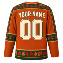 Load image into Gallery viewer, Ugly Thanksgiving Autumn Leaf Pile Hockey Jersey in Burnt Orange, back view with a swirling-leaf yoke, acorn and pinecone sleeve bands, leaf-pile hem band, arched YOUR NAME lettering and 00 – custom name and number