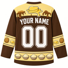 Load image into Gallery viewer, Ugly Thanksgiving Mashed Potato Mountain Hockey Jersey in Gravy Brown, back view with a butter-and-gravy-drip yoke, potato and butter-pat sleeve bands, mini mashed potato bowl hem band, arched YOUR NAME lettering and 00 – custom name and number