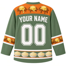 Load image into Gallery viewer, Ugly Thanksgiving Mashed Potato Mountain Hockey Jersey in Sage Green, back view with a butter-and-gravy-drip yoke, potato and butter-pat sleeve bands, mini mashed potato bowl hem band, arched YOUR NAME lettering and 00 – custom name and number