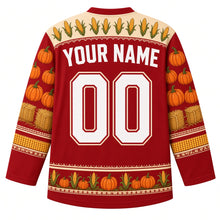 Load image into Gallery viewer, Ugly Thanksgiving Corn Maze Mayhem Hockey Jersey in Barn Red, back view with a corn-cob yoke, corn kernel and hay-bale sleeve bands, corn-stalk and pumpkin hem band, arched YOUR NAME lettering and 00 – custom name and number