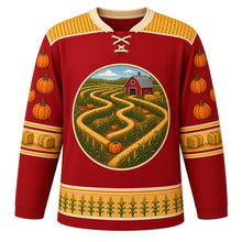 Load image into Gallery viewer, Ugly Thanksgiving Corn Maze Mayhem Hockey Jersey in Barn Red, front view – barn red body with a corn gold yoke with a round top-down cornfield maze crest with corn stalks, a lost pumpkin, a red barn and hay bales, corn-cob yoke, kernel and hay-bale sleeve bands and a corn-stalk hem band – custom name and number