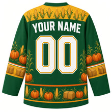 Load image into Gallery viewer, Ugly Thanksgiving Corn Maze Mayhem Hockey Jersey in Field Green, back view with a corn-cob yoke, corn kernel and hay-bale sleeve bands, corn-stalk and pumpkin hem band, arched YOUR NAME lettering and 00 – custom name and number