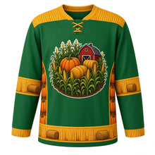 Load image into Gallery viewer, Ugly Thanksgiving Corn Maze Mayhem Hockey Jersey in Field Green, front view – field green body with harvest gold yoke with a round top-down cornfield maze crest with corn stalks, a lost pumpkin, a red barn and hay bales, corn-cob yoke, kernel and hay-bale sleeve bands and a corn-stalk hem band – custom name and number