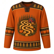 Load image into Gallery viewer, Ugly Thanksgiving Corn Maze Mayhem Hockey Jersey in Burnt Orange, front view – burnt orange body with chestnut brown yoke with a round top-down cornfield maze crest with corn stalks, a lost pumpkin, a red barn and hay bales, corn-cob yoke, kernel and hay-bale sleeve bands and a corn-stalk hem band – custom name and number