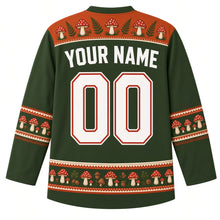 Load image into Gallery viewer, Ugly Thanksgiving Wild Mushroom Forest Hockey Jersey in Moss Green, back view with a toadstool-and-fern yoke, mushroom and acorn sleeve bands, mushroom-cluster hem band, arched YOUR NAME lettering and 00 – custom name and number