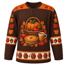 Load image into Gallery viewer, Ugly Thanksgiving Apple Orchard Harvest Hockey Jersey in Cider Brown, front view – cider brown body with orange yoke with an overflowing apple basket crest with a lattice apple pie and cider mug, apple-and-leaf yoke, apple and acorn sleeve bands and an apple-basket hem band – custom name and number