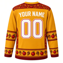 Load image into Gallery viewer, Ugly Thanksgiving Apple Orchard Harvest Hockey Jersey in Harvest Gold, back view with an apple blossom and maple leaf yoke, apple and acorn sleeve bands, apple-basket and pie hem band, arched YOUR NAME lettering and 00 – your name and number