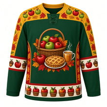 Load image into Gallery viewer, Ugly Thanksgiving Apple Orchard Harvest Hockey Jersey in Orchard Green, front view – deep orchard green body with mustard yoke with an overflowing apple basket crest with a lattice apple pie and cider mug, apple-and-leaf yoke, apple and acorn sleeve bands and an apple-basket hem band – custom name and number