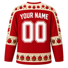 Load image into Gallery viewer, Ugly Thanksgiving Apple Orchard Harvest Hockey Jersey in Apple Red, back view with an apple blossom and maple leaf yoke, apple and acorn sleeve bands, apple-basket and pie hem band, arched YOUR NAME lettering and 00 – your name and number