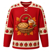 Load image into Gallery viewer, Ugly Thanksgiving Apple Orchard Harvest Hockey Jersey in Apple Red, front view – apple red body with cream yoke with an overflowing apple basket crest with a lattice apple pie and cider mug, apple-and-leaf yoke, apple and acorn sleeve bands and an apple-basket hem band – custom name and number